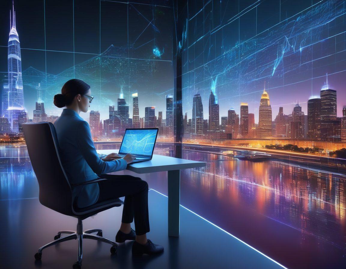 A futuristic data analyst sitting at a sleek, holographic interface displaying complex predictive models and charts, surrounded by glowing data streams and graphs in mid-air. The background shows a city skyline with digital overlays of analytics transforming the urban environment. The atmosphere is bright and inspiring, symbolizing innovation and progress in analytics. super-realistic. vibrant colors. 3D.