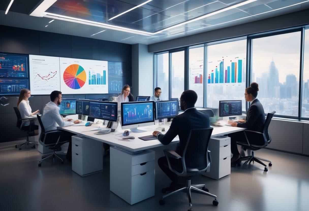 A dynamic scene depicting a diverse group of analysts and business professionals engaged in a vibrant discussion over statistical charts and data visualizations. Various colorful graphs, pie charts, and data clusters float around them, emphasizing the transformation from data to decisions. The background shows a modern office environment filled with digital screens displaying real-time analytics. The atmosphere is energetic and collaborative, reflecting innovative thinking and teamwork. super-realistic. vibrant colors. futuristic office setting.